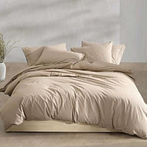 Calvin Klein Washed Percale Solid Cotton Duvet Cover Set Camel Brown - Queen - Picture 1 of 7